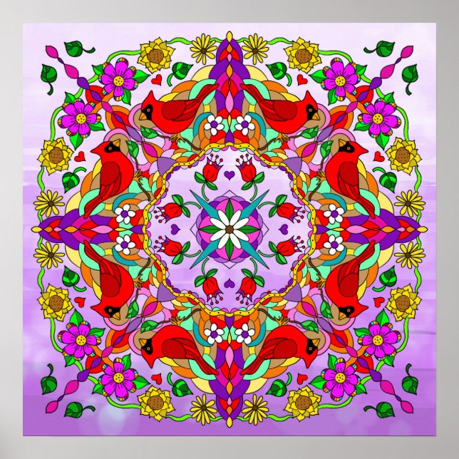 Pretty Colourful Cardinals and Flowers Mandala  Poster (Front)