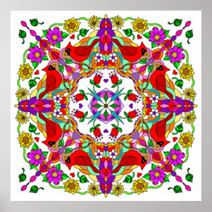 Pretty Colourful Cardinals and Flowers Mandala Poster