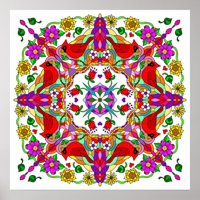 Pretty Colourful Cardinals and Flowers Mandala  Poster (Front)
