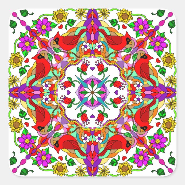 Pretty Colourful Cardinals and Flowers Mandala Square Sticker (Front)