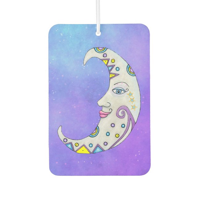 Pretty Colourful Crescent Moon Face Stars on Purpl Car Air Freshener (Front)