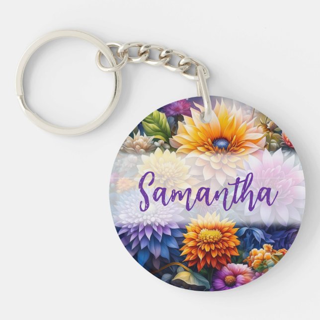 Pretty Colourful Digital Ai Art Flowers  Key Ring (Front)