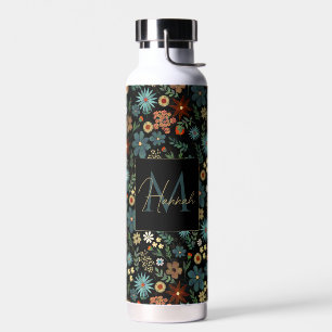 Pretty Colourful Ditsy Floral Black Water Bottle