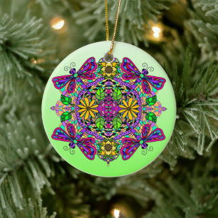 Pretty Colourful Dragonfly Mystical Mandala   Ceramic Ornament