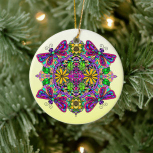 Pretty Colourful Dragonfly Mystical Mandala    Ceramic Ornament