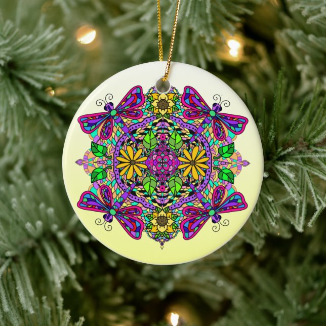 Pretty Colourful Dragonfly Mystical Mandala    Ceramic Ornament (Tree)