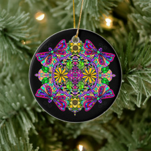 Pretty Colourful Dragonfly Mystical Mandala Ceramic Ornament