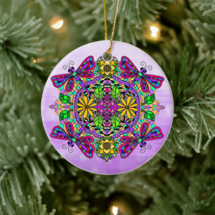 Pretty Colourful Dragonfly Mystical Mandala   Ceramic Ornament