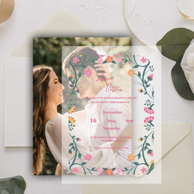 Pretty Colourful Floral Frame Script Wedding Vellum Invitations (Pretty Colorful Floral Frame Script Wedding Vellum Invitations)