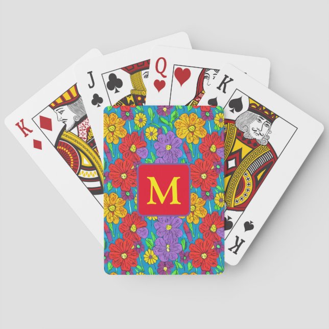 Pretty Colourful Floral Pattern Monogrammed Playing Cards (Back)