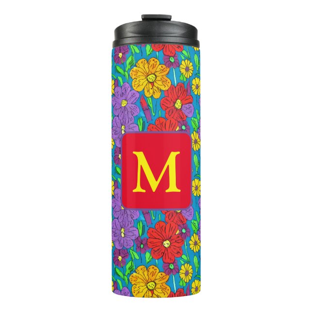 Pretty Colourful Floral Pattern Monogrammed Thermal Tumbler (Front)