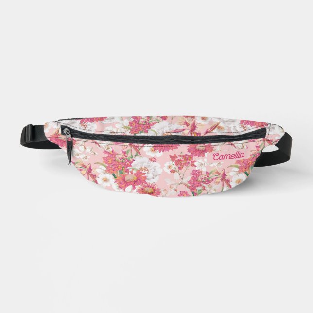 Pretty Colourful Floral Pattern Pink Custom Girl  Bum Bags (Front)