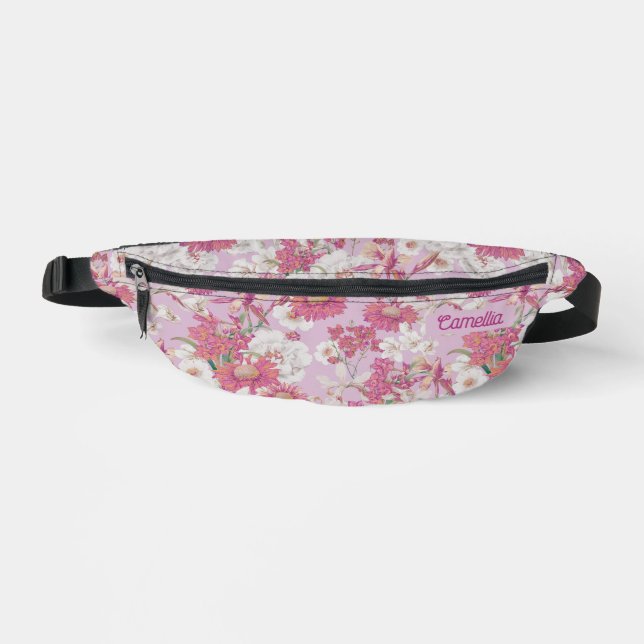 Pretty Colourful Floral Pattern Purple Pink Custom Bum Bags (Front)