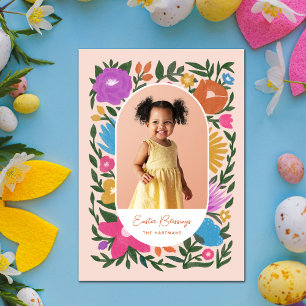 Pretty Colourful Florals Oval Frame Photo Easter Holiday Card