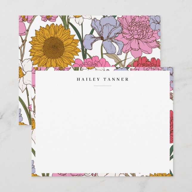 Pretty Colourful Flower Pattern Border Flat Card (Front/Back)