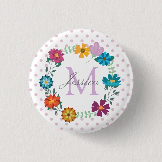 Pretty Colourful Flower Wreath Personalised Dotty 3 Cm Round Badge (Front)