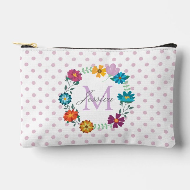 Pretty Colourful Flower Wreath Personalised Dotty Accessory Pouch (Front)