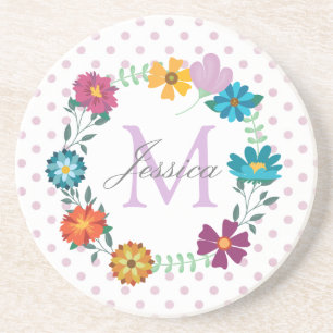 Pretty Colourful Flower Wreath Personalised Dotty Coaster