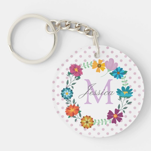 Pretty Colourful Flower Wreath Personalised Dotty Key Ring (Front)