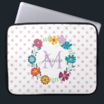 Pretty Colourful Flower Wreath Personalised Dotty Laptop Sleeve<br><div class="desc">Bright floral wreath surrounds your name on sweet dotty laptop sleeve.</div>