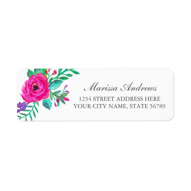 Pretty Colourful Fuchsia Watercolor Floral Return Address Label (Front)