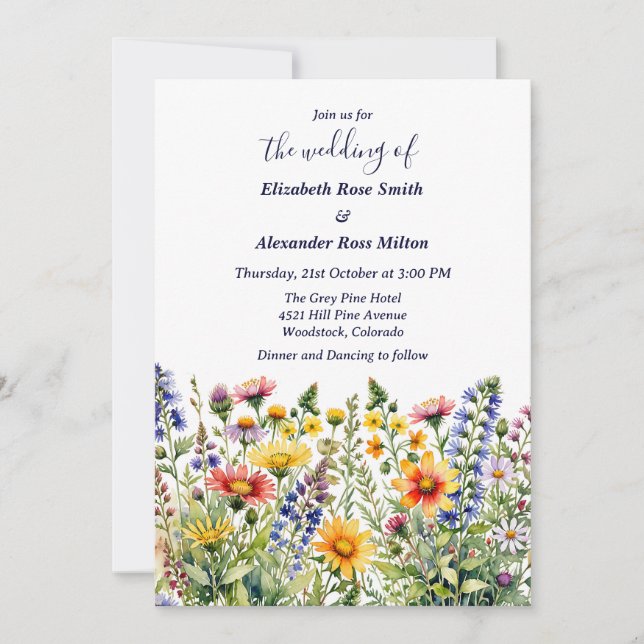 Pretty colourful garden of wildflowers wedding invitation (Front)