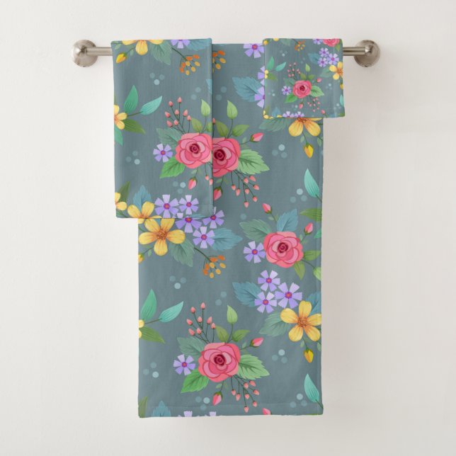 Pretty Colourful Hand Drawn Flower Pattern Bath Towel Set (Insitu)