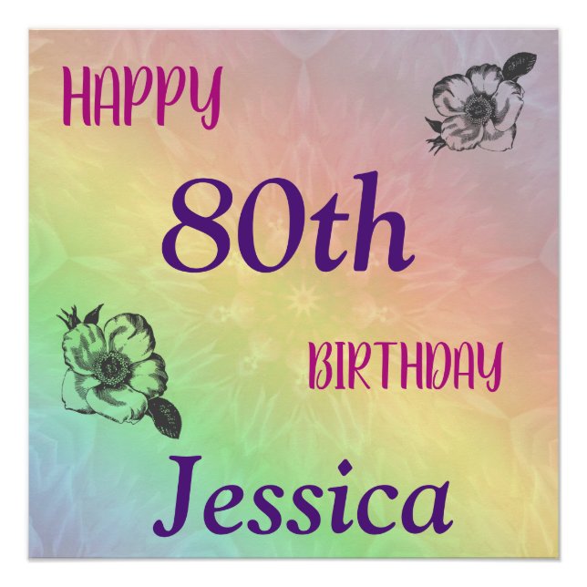 Pretty Colourful Happy 80th Birthday Poster (Front)