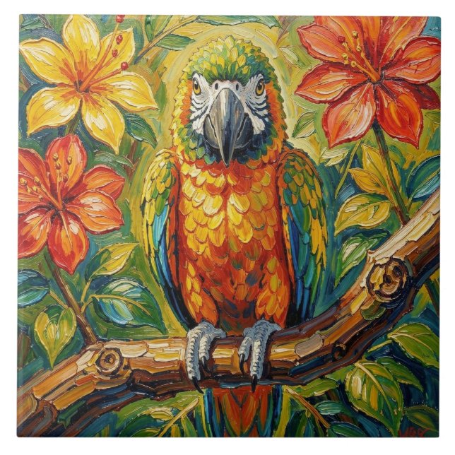 Pretty Colourful Impasto Parrot and Tropical Flowe Ceramic Tile (Front)