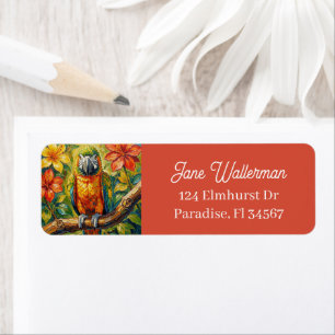Pretty Colourful Impasto Parrot and Tropical Flowe Return Address Label