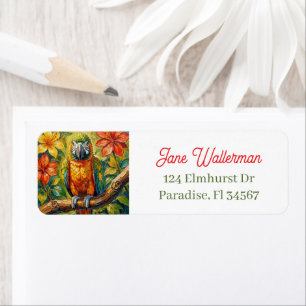 Pretty Colourful Impasto Parrot and Tropical Flowe Return Address Label