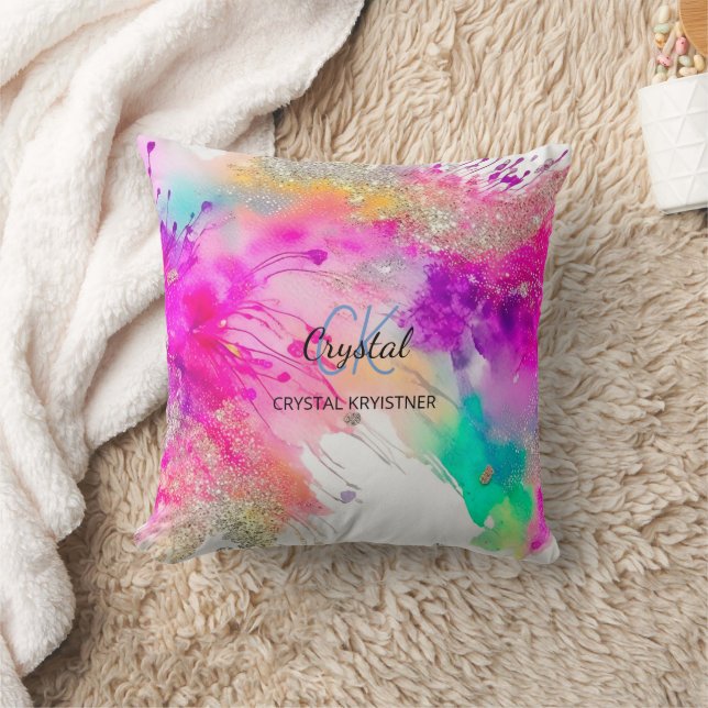 Pretty Colourful Paint Splash monogram  Cushion (Blanket)