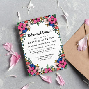 Pretty Colourful Pink Flowers Rehearsal Dinner Invitation