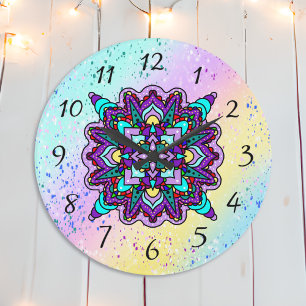 Pretty Colourful Purple Mandala Mystical Large Clock
