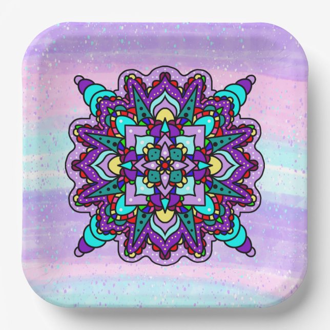Pretty Colourful Purple Mandala Mystical Paper Plate (Front)