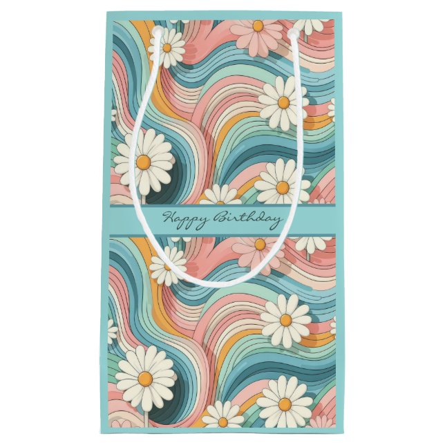 Pretty Colourful Retro Daisy Flower Power Name Small Gift Bag (Front)