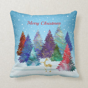 Pretty Colourful Trees Reindeer Christmas Cushion
