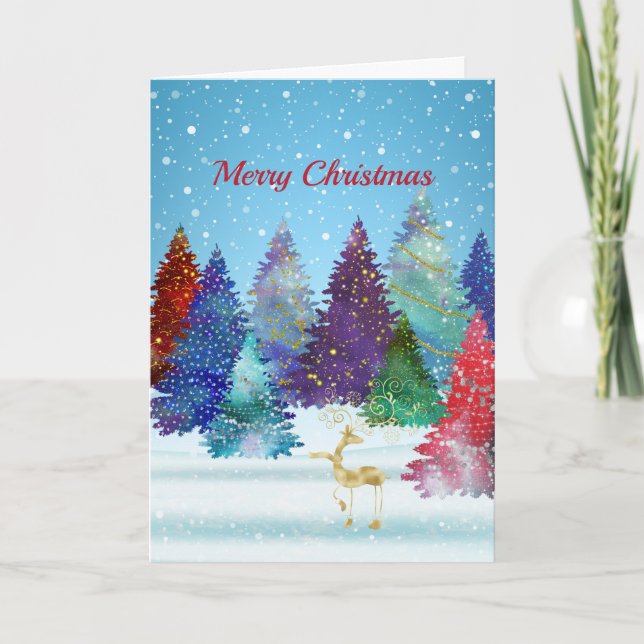 Pretty Colourful Trees Reindeer Christmas Holiday Card (Front)
