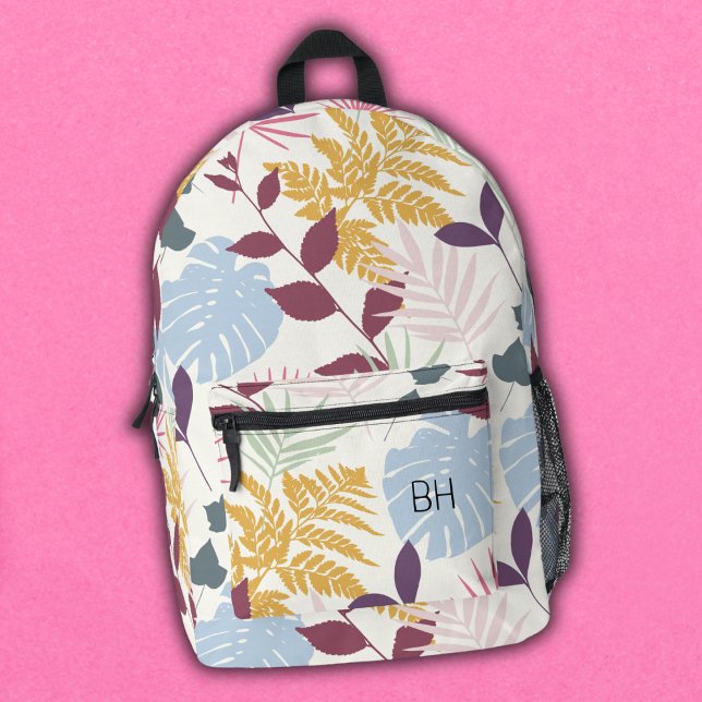 Pretty Colourful Tropical Leaves Monogram Initials Printed Backpack (Creator Uploaded)