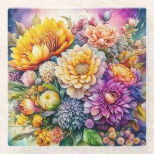 Pretty Colourful Watercolor Ai Art Flowers  Glass Coaster