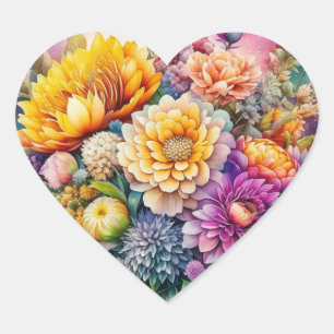 Pretty Colourful Watercolor Ai Art Flowers  Heart Sticker