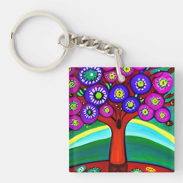 Pretty Colourful Whimsical Folk Art  Key Ring (Front)
