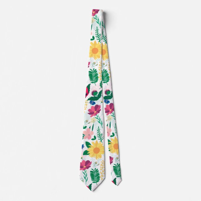 Pretty Colourful Wild Floral White Design Tie (Front)