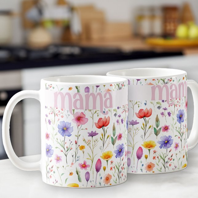 Pretty Colourful Wildflower Pattern Pink Mama Coffee Mug (Pretty mug for mama, from my Mother's Day Wildflower Collection)