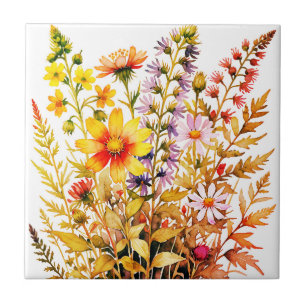 Pretty colourful wildflowers watercolor ceramic tile