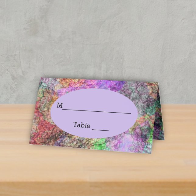 Pretty Colours Purple Pink Yellow Green Swirled Place Card (Abstract swirls of colours in pastels with grey circles on standing table event place card.)