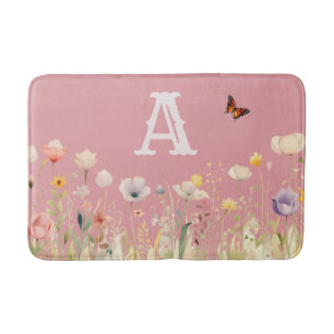Pretty Colours Watercolor Wildflowers and Monogram Bath Mat