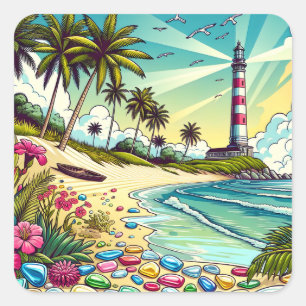 Pretty Comic Book Style Tropical Paradise Square Sticker