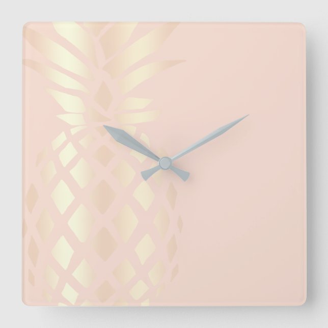 Pretty copper rose gold pineapple & blush pink square wall clock (Front)