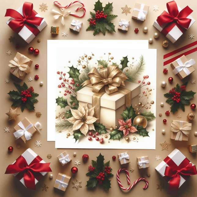 Pretty Coquette Holly and Golden Bow Holiday Card (Creator Uploaded)